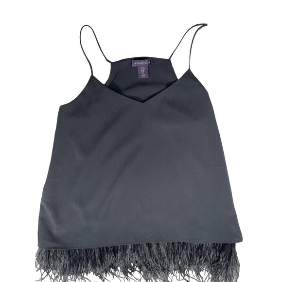 Amaryllis Tops - Amaryllis Spaghetti Strap Feather Trim Blouse Black Size M